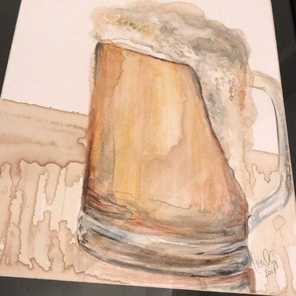 Framed original art mug of beer painted WITH beer and ink in 12x16” frame - Picture 2 of 8